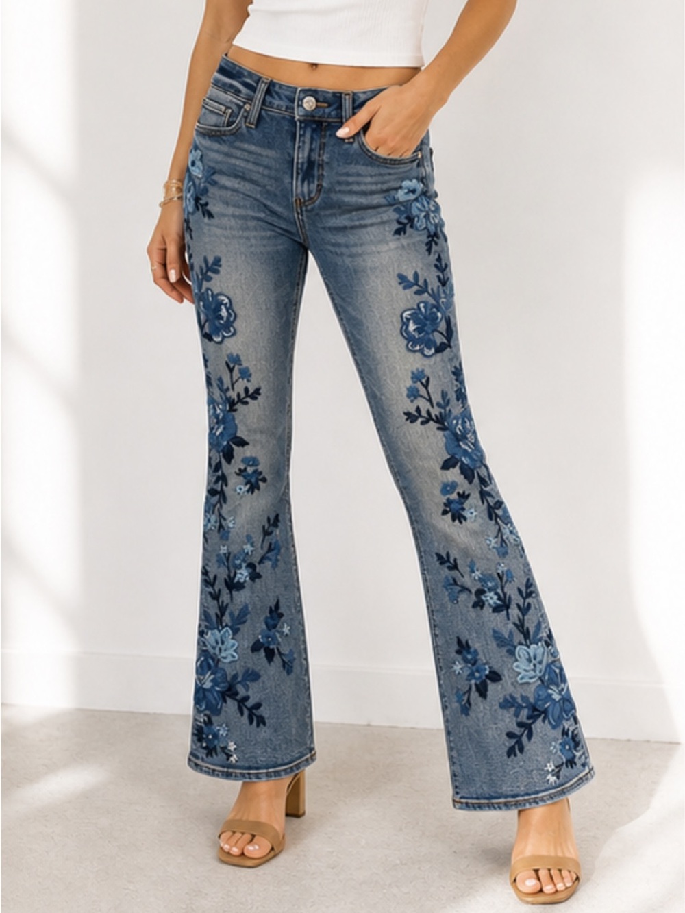 Driftwood Blue Floral Embroidered Flare Jeans -24